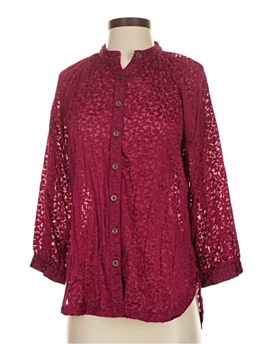 Anthropologie Velvet Burnout Blouse Sheer Button Down Top Magenta Berry XSP